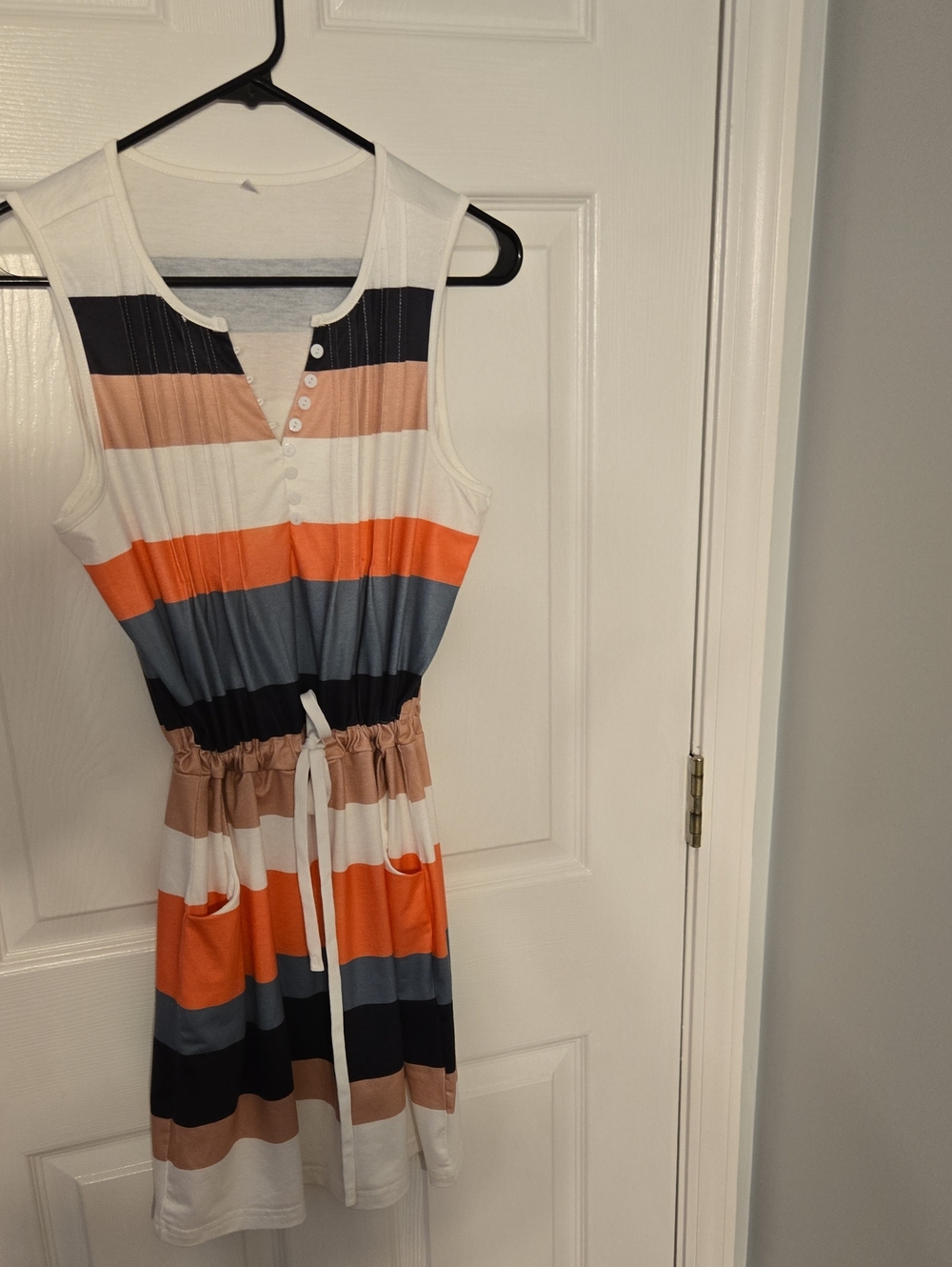 Sleeveless Striped Drawstring Waist Dress in White, Orange, Navy